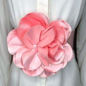 Light pink statement satin flower wide elastic waistband belt